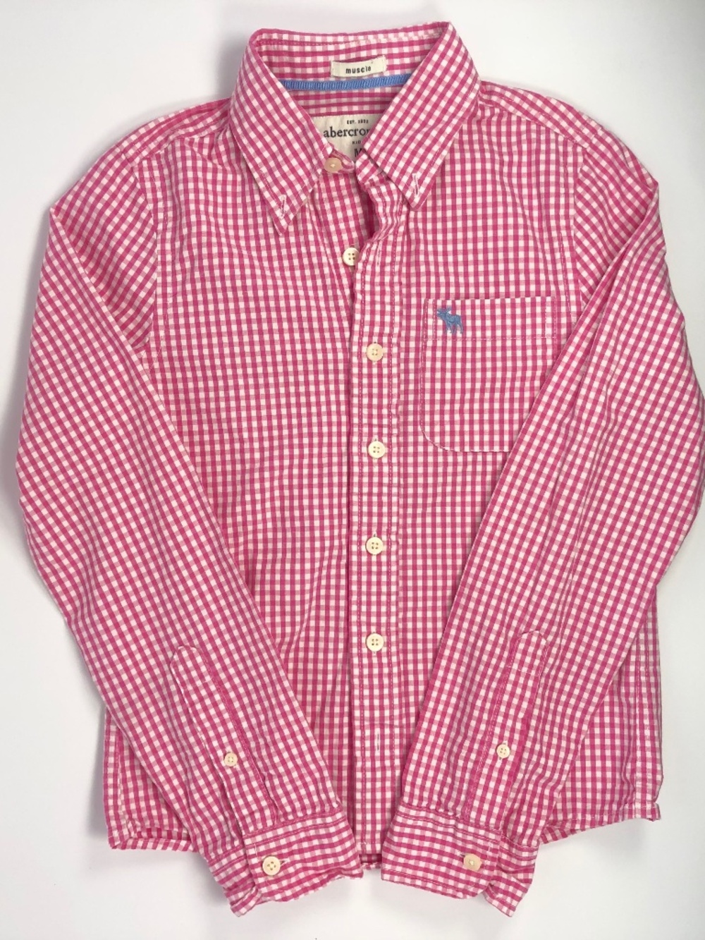 Abercrombie Kids Pink Gingham Button Down Shirt Size M Moose Logo